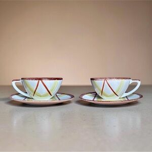 Knowles White Yellow and Brown Geometric Teacup and Saucer Set